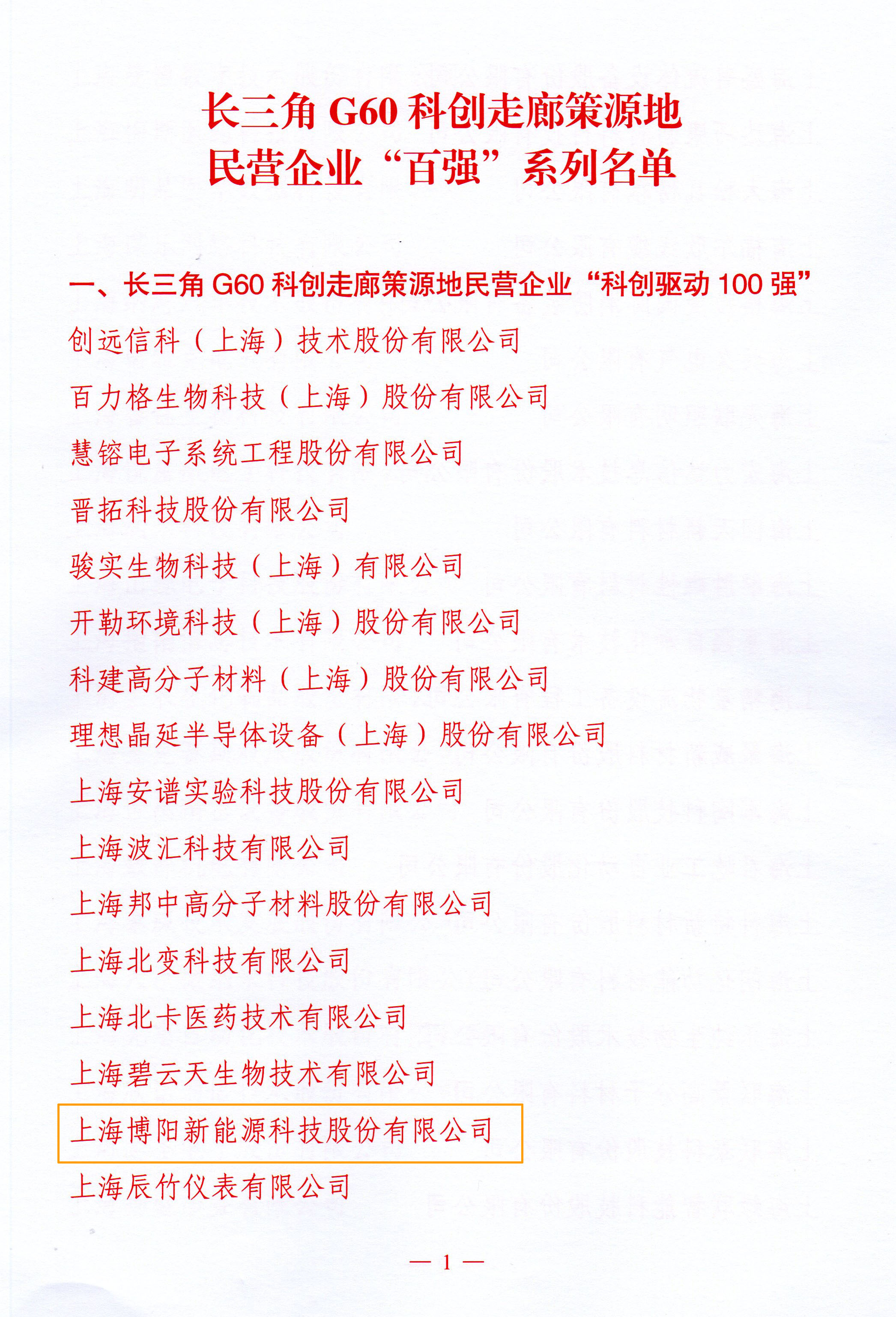 博阳新能荣获“长三角g60科创走廊策源地民营企业‘科创驱动100强’”